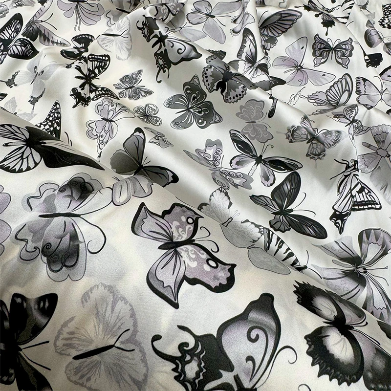 

1 meter 95% Mulberry Silk 5% Spandex 22 momme Charmeuse Silk Fabric Black butterfly Print 108cm 42.5" wide by the yard JX202