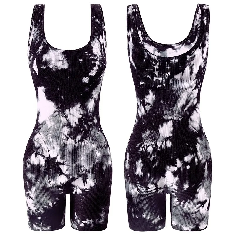 Tie-Dye Yoga Bodysuit for Women Built-in Bra High Waist Butt Lifting Quick Dry Seamless Gym Jumpsuit S/M