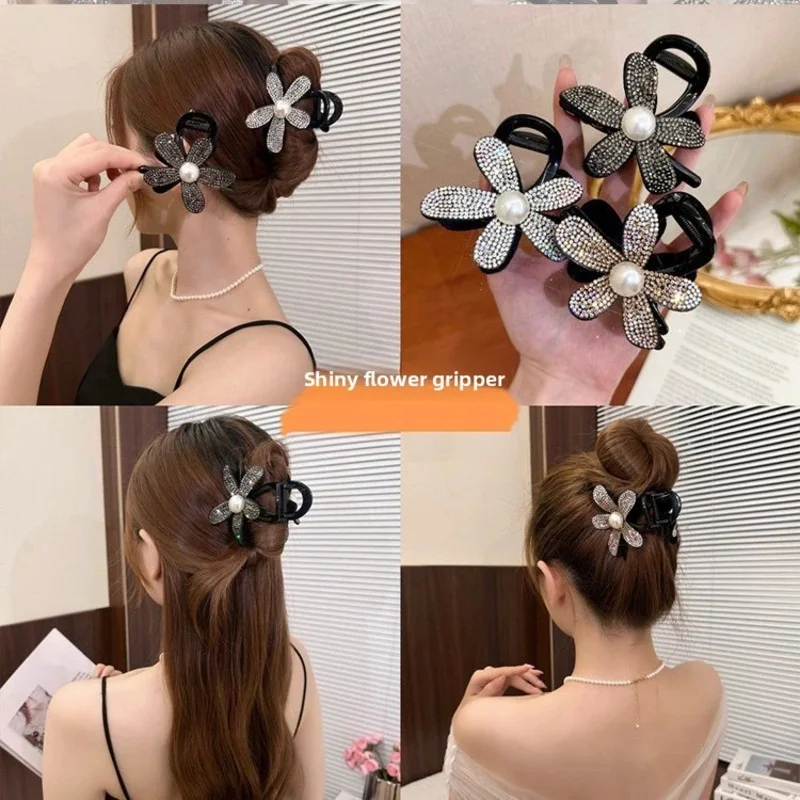 

Exquisite Flower Hair Claw Women, Black High-End Feel, Back of Bun Shark Clip, Elegant Half-Up Hair Clip