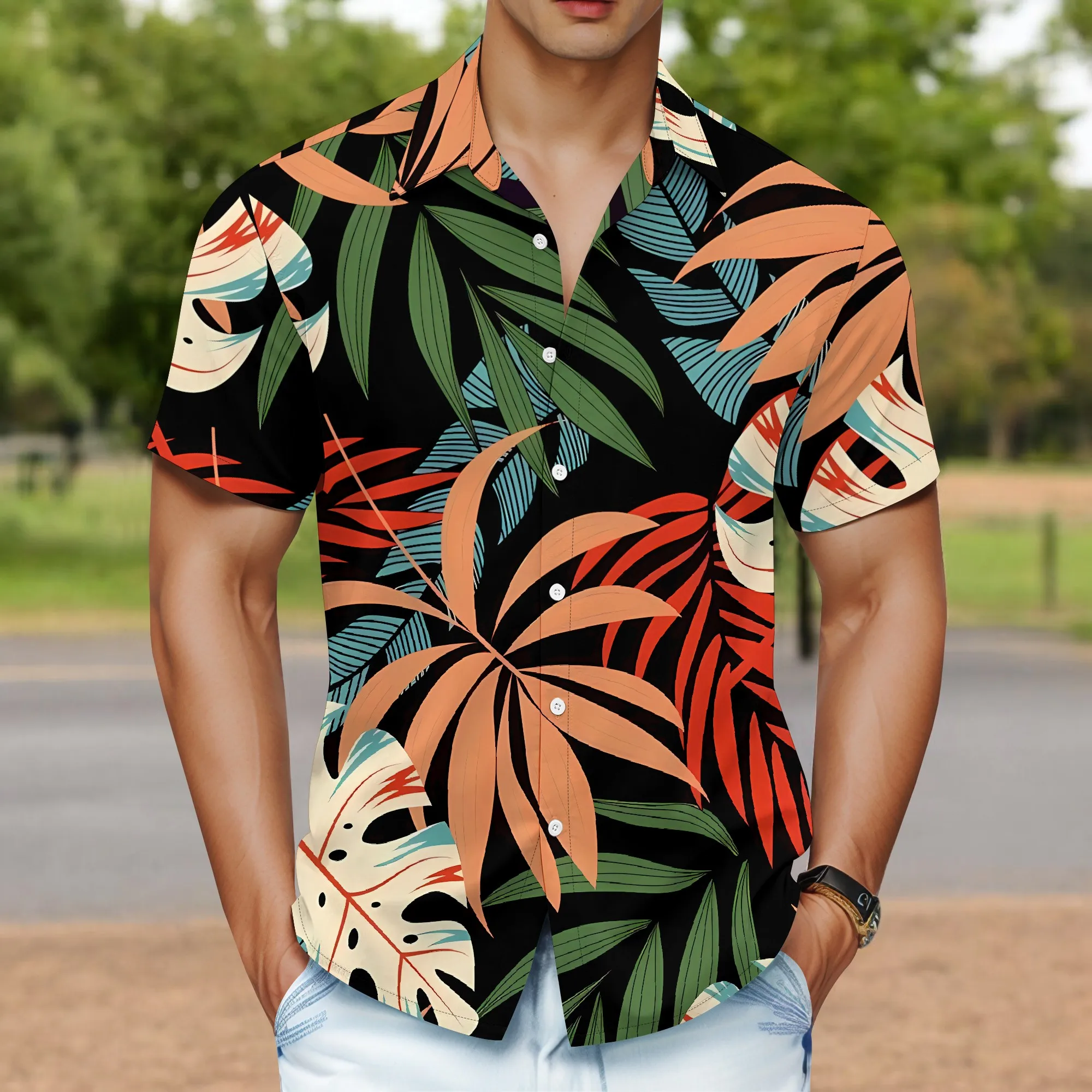 

YEAE Tropical Leaf Print Shirt for Men Summer Casual Short Sleeve Top