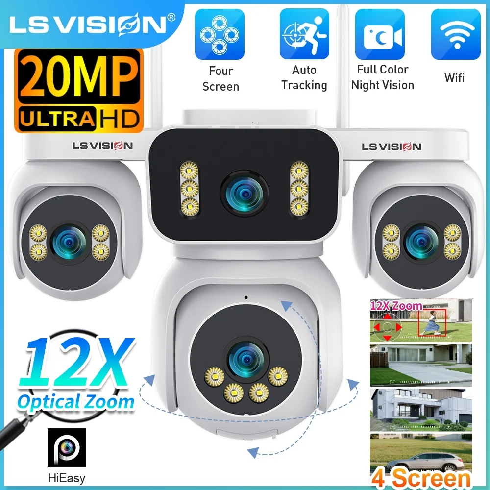 

LS VISION 20MP 4 Screens WiFi IP Camera Wireless 4Lens 12X Zoom PTZ Security Cameras CCTV Auto Tracking Outdoor Surveillance Cam