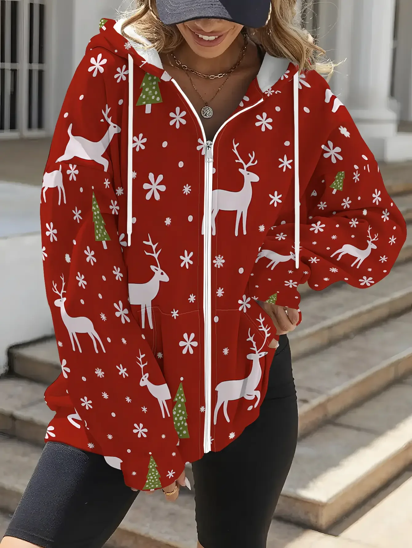 

Women's plus size long sleeved Christmas snowman zipper hooded sweatshirt, Durable Top for Women