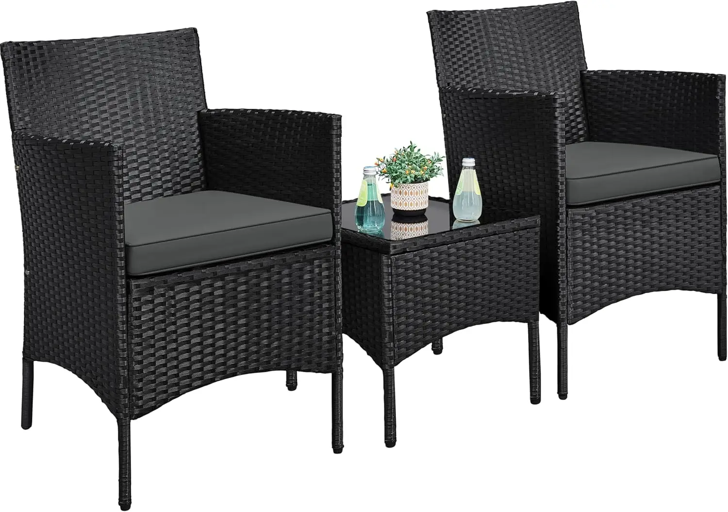 

3-Piece Patio Bistro Set with PE Rattan, Glass Table & Cushioned Chairs for Garden, Deck, Poolside - Black/Gray