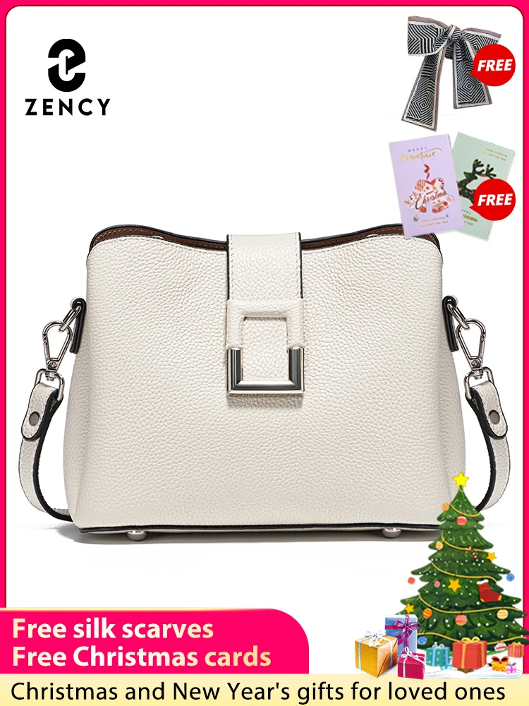 

Zency Genuine Leather White Designer Noble Shopper Shoulder Bag Commuter Large Bucket Handbag Women Tote Bucket Cross Body Bag