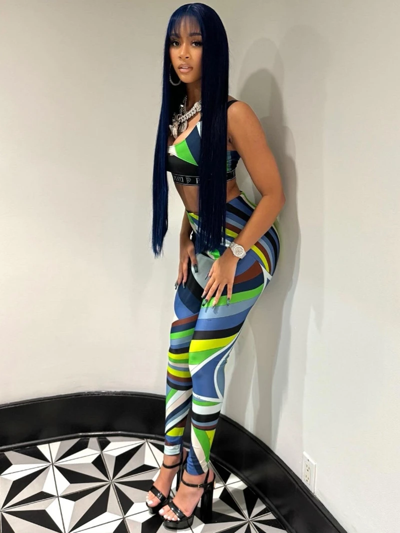 STYLISH LADY Contrast Color Striped Printed 2 Piece Set Women Sleeveless Crop Top and Pant Suits 2024 Summer Sports Tracksuits