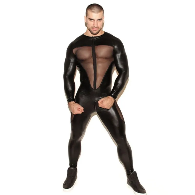 Boys young men nightclub bar modeling outfit role play PU leather mesh patchwork onesie perspective temptation