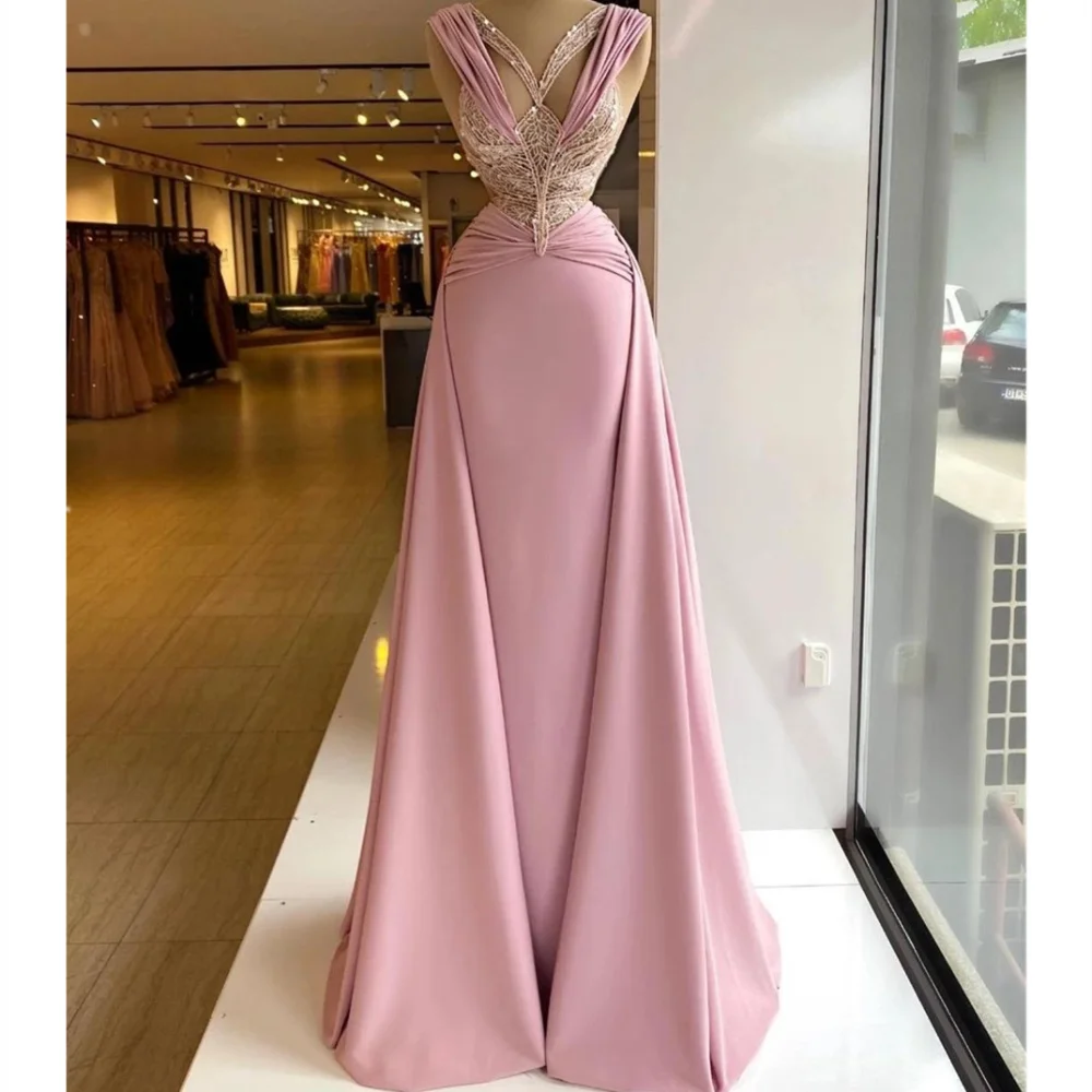 Pink Mermaid Prom Dress Sleeveless V Neck Appliques Sequins Satin Lace Hollow Sexy Pageant Evening Gowns Bridal Dresses