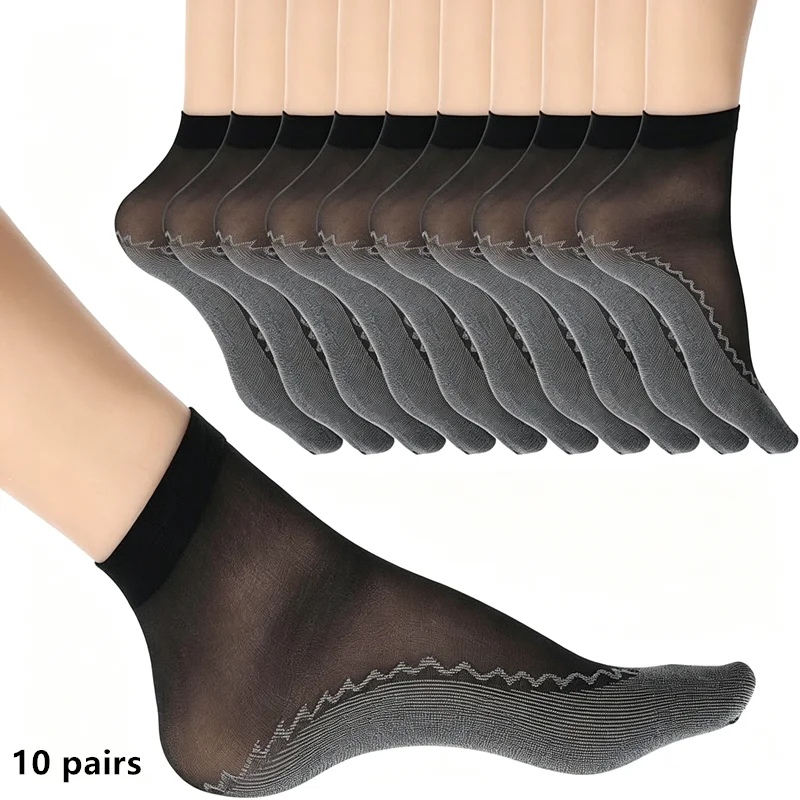 10 Pairs of Black Sheer Socks, Anti-Slip Nylon Socks for Women Sheer Black Ankle Stocking with Cotton Sock Bottom