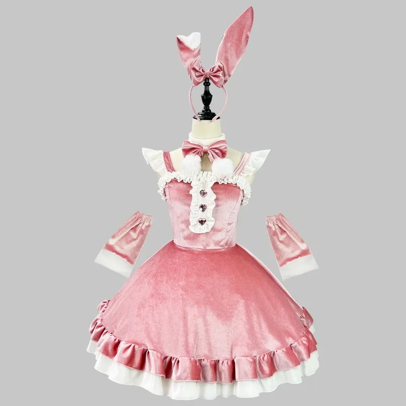 

Sweet Lolita Bunny Girl Halloween Christmas Cosplay Costume Japanese Anime Pink Maid Lingerie Soft Velvet Rabbit Roleplay Outfit