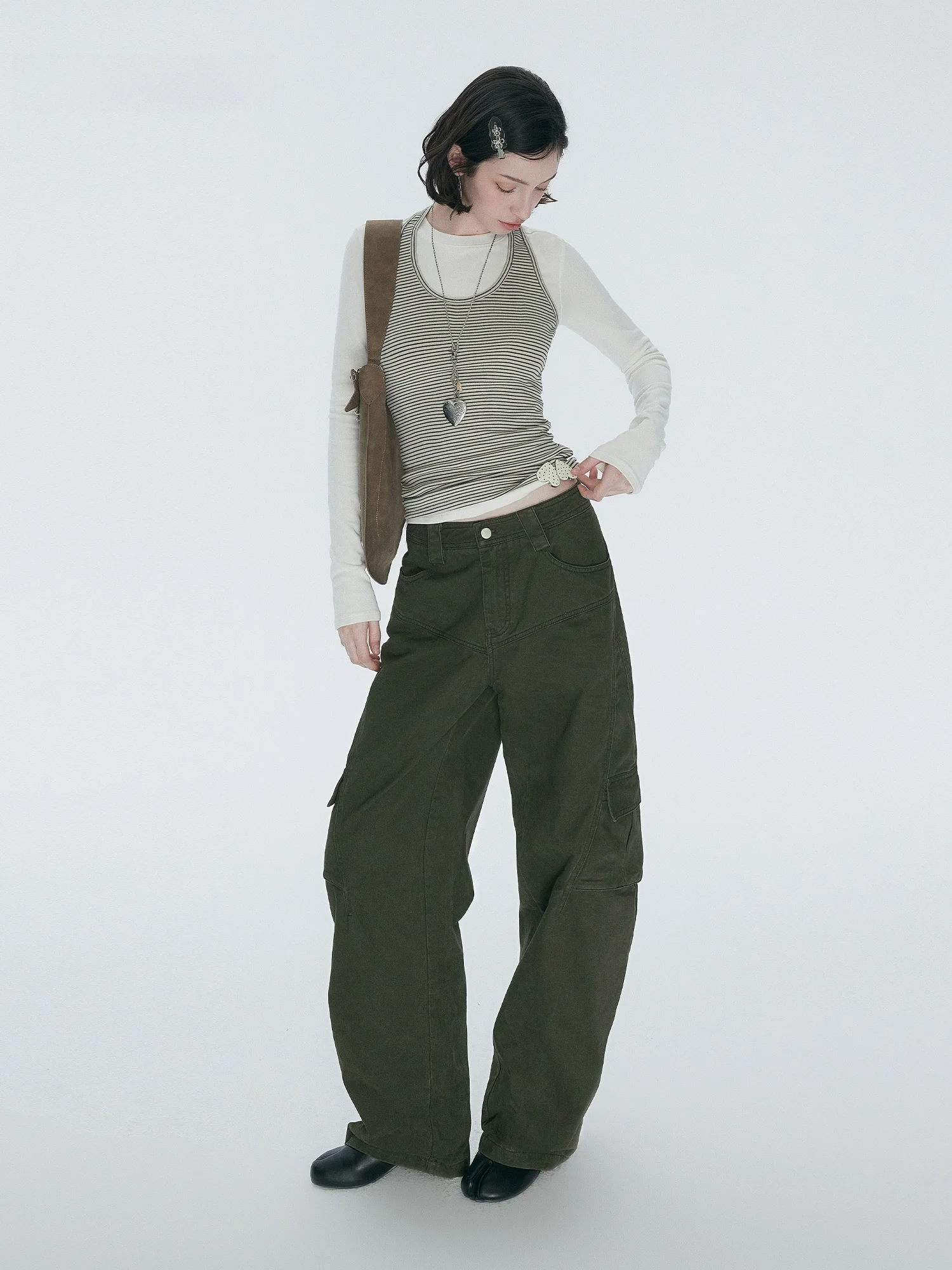 

Annachic Fashionable Workwear Denim Pants Women's Multi-Pocket Wide Leg Casual Trousers Cotton Natural Waist Zipper Closure