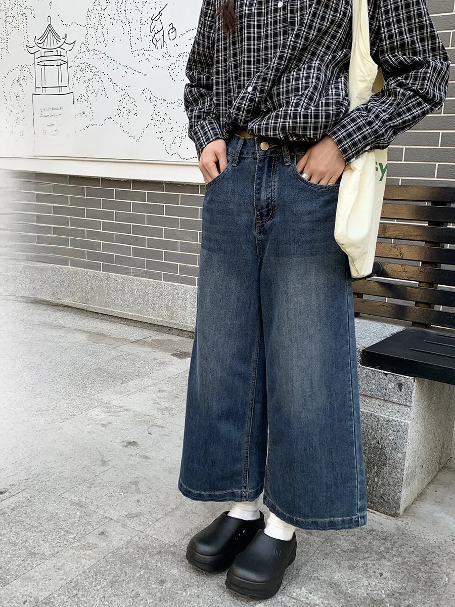 

Прямые свободные брюки с высокой талией, повседневные джинсовые широкие брюки, восьмиteen, женские корейские брюки, универсальные утягивающие брюки, новинка 2025 г.