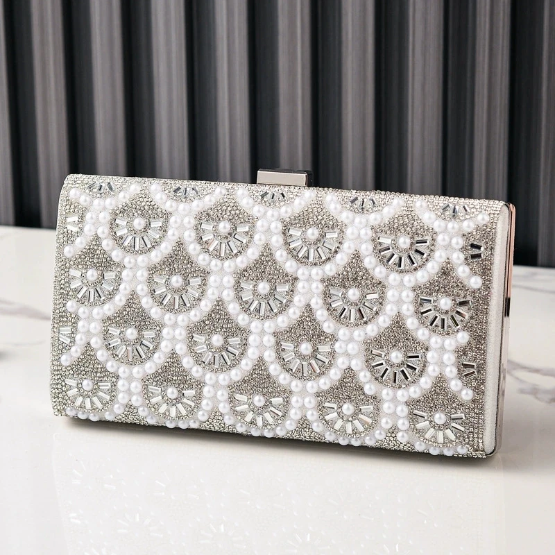 Diamond Pearl Beading Clutch Silver Elegant Evening Bags for Woman Party Bling Wedding Purses Fashion Flower Pattern Hand Bag