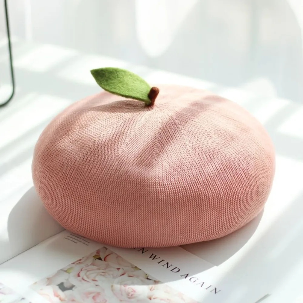 

Fashion Pink Peach Girl Painter Hat Little Leaf Breathable Beret Fruit Caps Casual Fresh Cute Beanie Beret Cap Female Lady