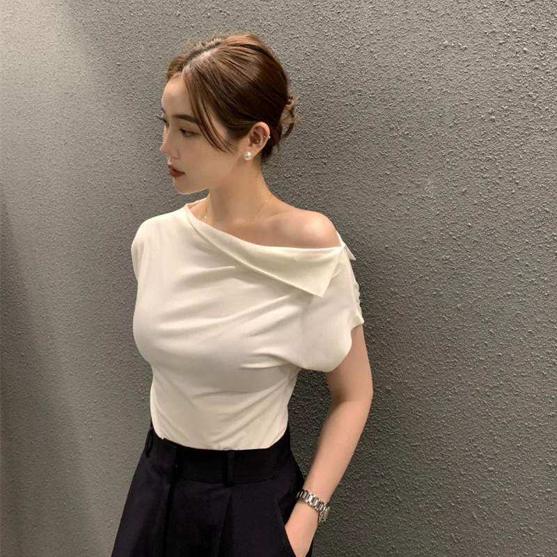 Slim Off Diagonal Shoulder Short Sleeved Solid Color T-shirts Ropa De Mujer Summer Tees Crop Top 2024 Shirts for Women