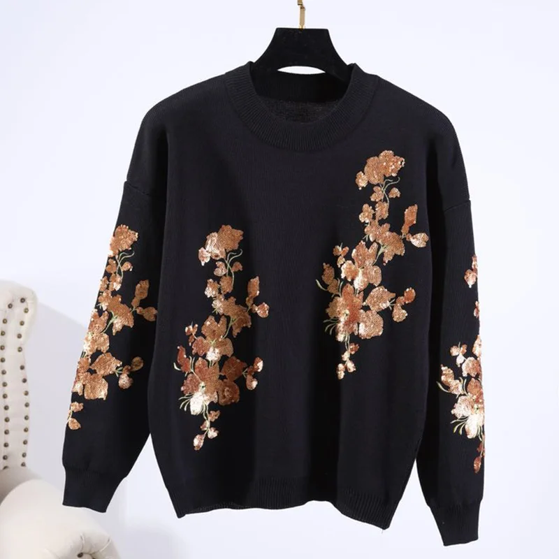 Black Knitted Set Women Sequins Gold leaf Knitting Pullover Sweater Pencil Pants Two Piece Outfits Female Loose Sports Suit 2pc