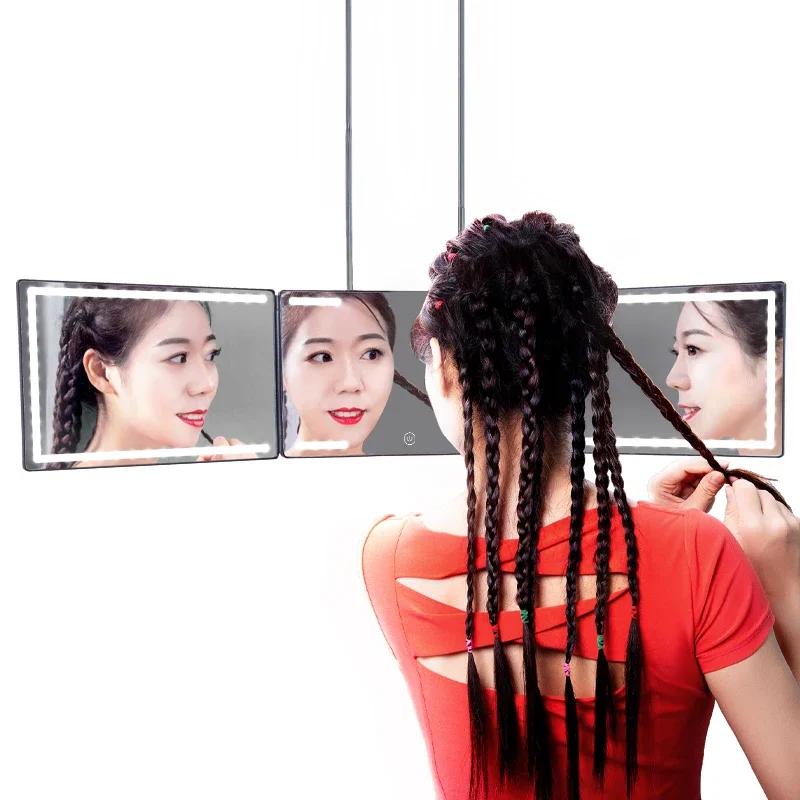 3 Way Hair Cutting Mirror with Ring LED Light 360° Trifold Vanity Mirror Door Hanging for Makeup Hair Styling Home