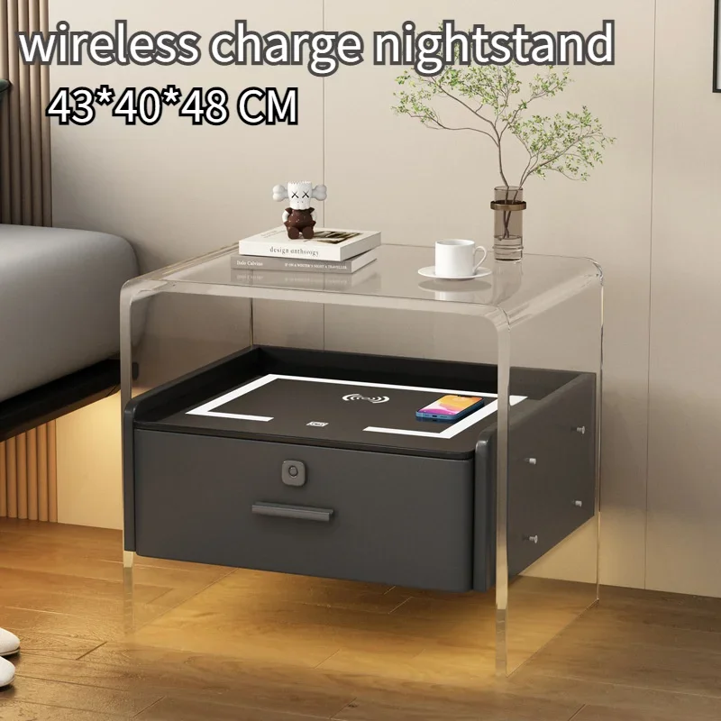 Acrylic Bedside Table Intelligent Wireless Charge Transparent Floating Bedside Cabinet LED Light Bedroom Storage Cabinet