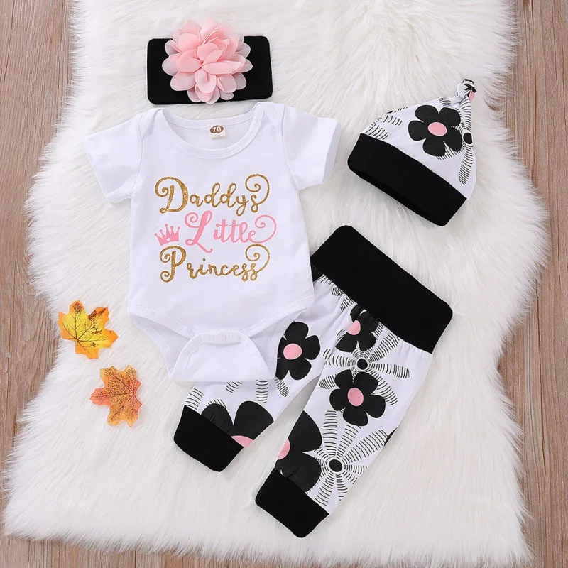 4Pcs Spring Autumn Newborn Baby Clothes Sets for Girls Short Sleeve Romper Tops Floral Print Pants + Hairband Caps Infant Suits