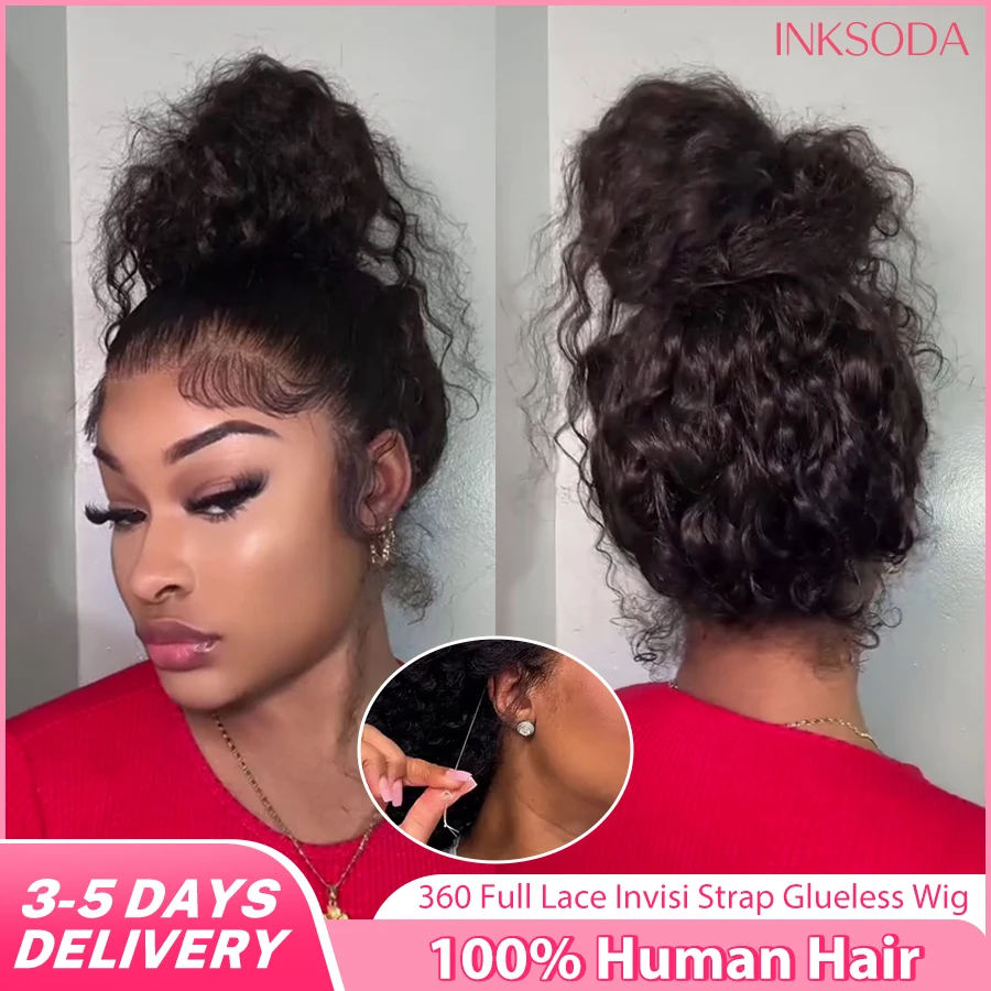 

Hidden Strap Curly 360 Full Lace Frontal Wig Human Hair Invisible Strap Bleached Konts Deep Wave Lace Front Wig with Drawstring