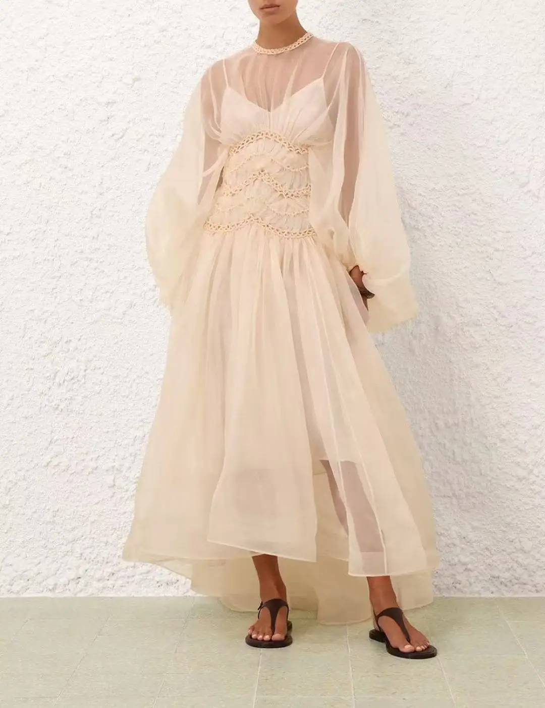 

Elegant Pure Silk 2025 Summer Holiday Collection Beach Style High Quality Full Lantern Sleeve Women Long Dress