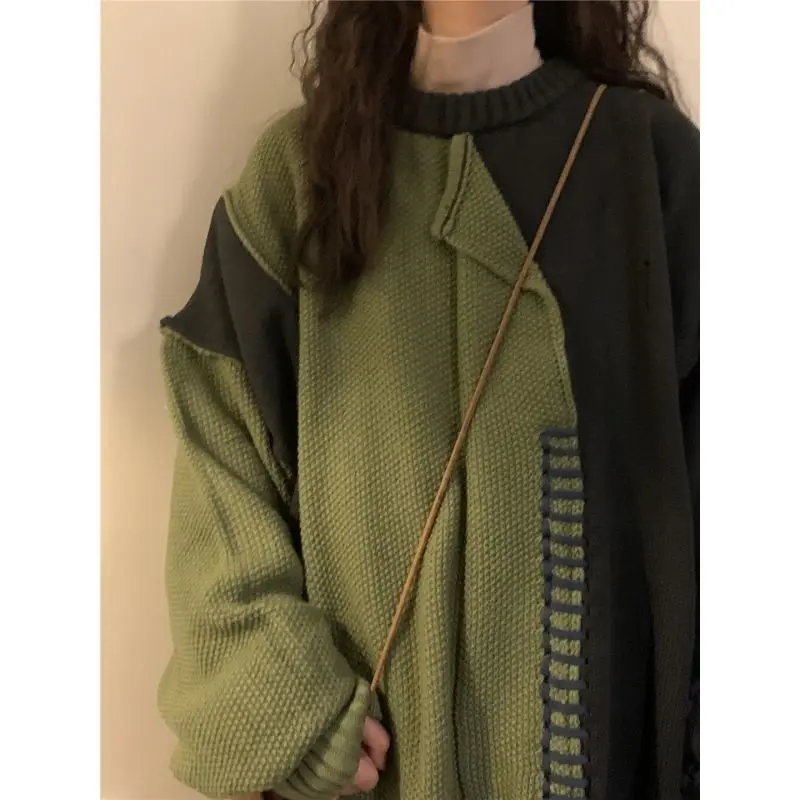 2023 New contrasting color patchwork sweater for women's spicy girls loose mid length knitted sweater jacket