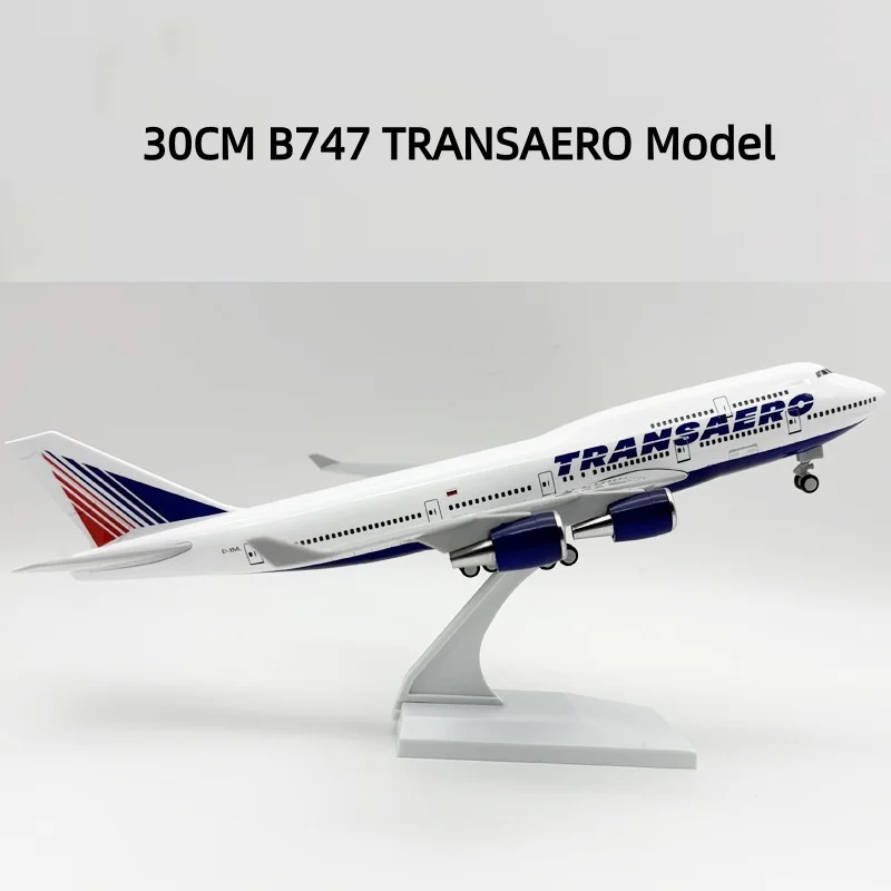 B747 Russia Transaero Airplane Model 30cm 1/250 Scale Airline 747 Plane Model With Wheel Landing Gear Plastic Resin Plane Model