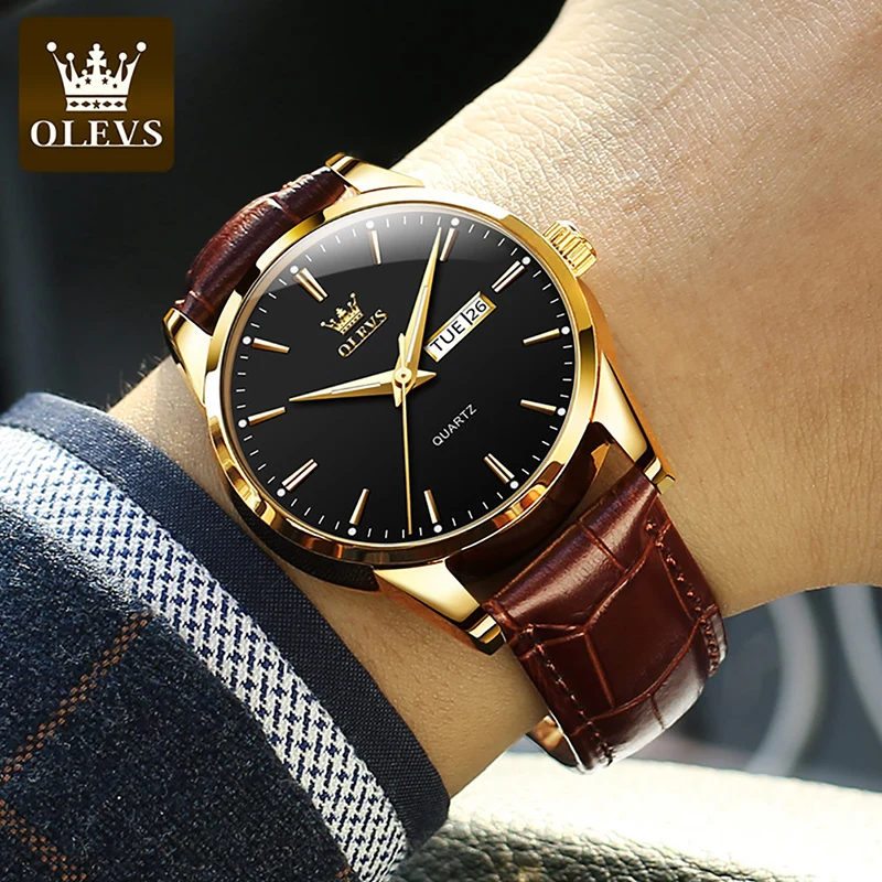 OLEVS-reloj de cuarzo para hombre, cronógrafo informal de lujo a la moda, luminoso, de cuero, transpirable, resistente al agua