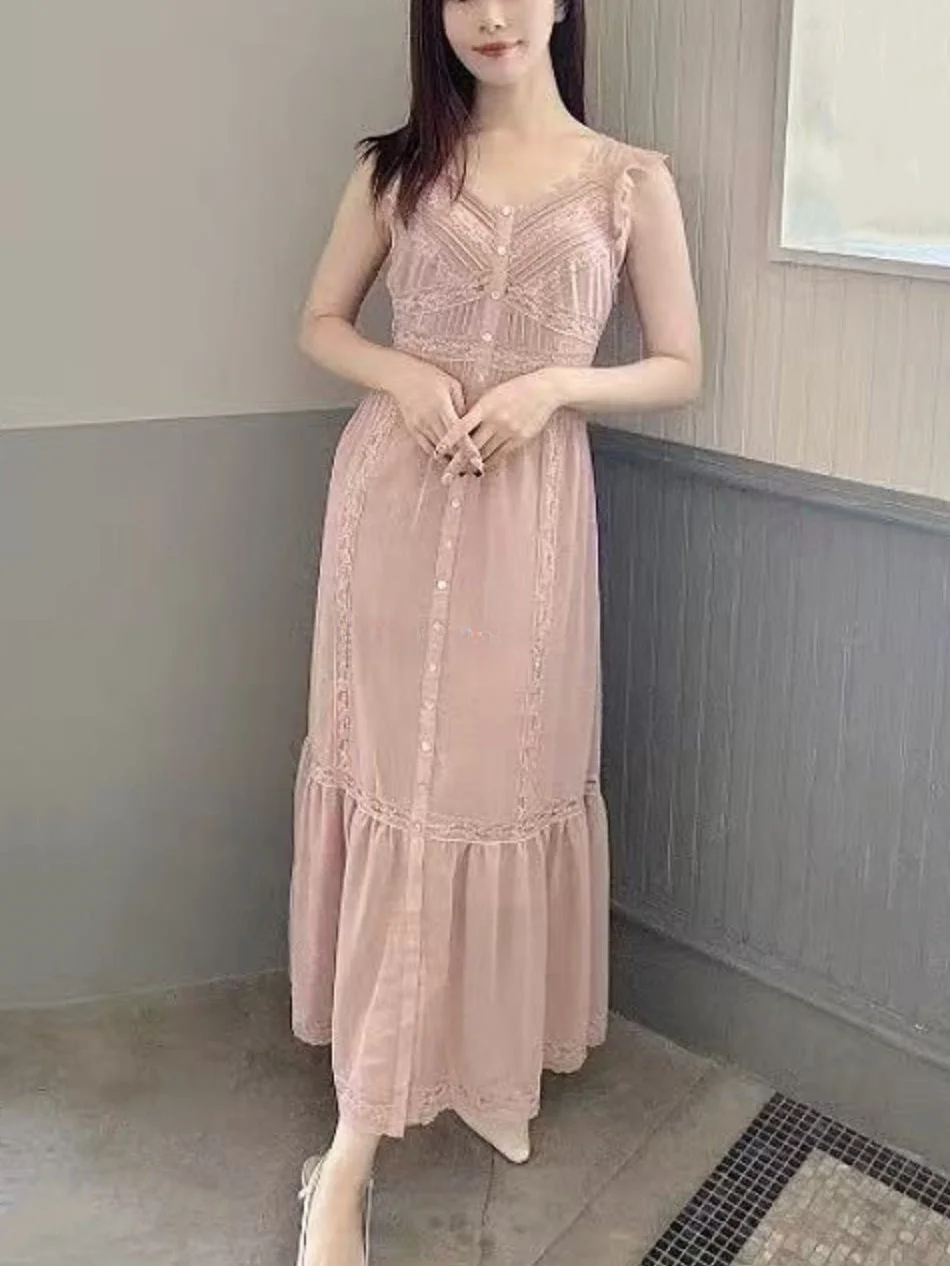 

Pure Lace Sleeveless Waist-Cinching Dress Elegant Sweet Style Japanese Fashion A-Line Skirt Casual Wear Full of Charm