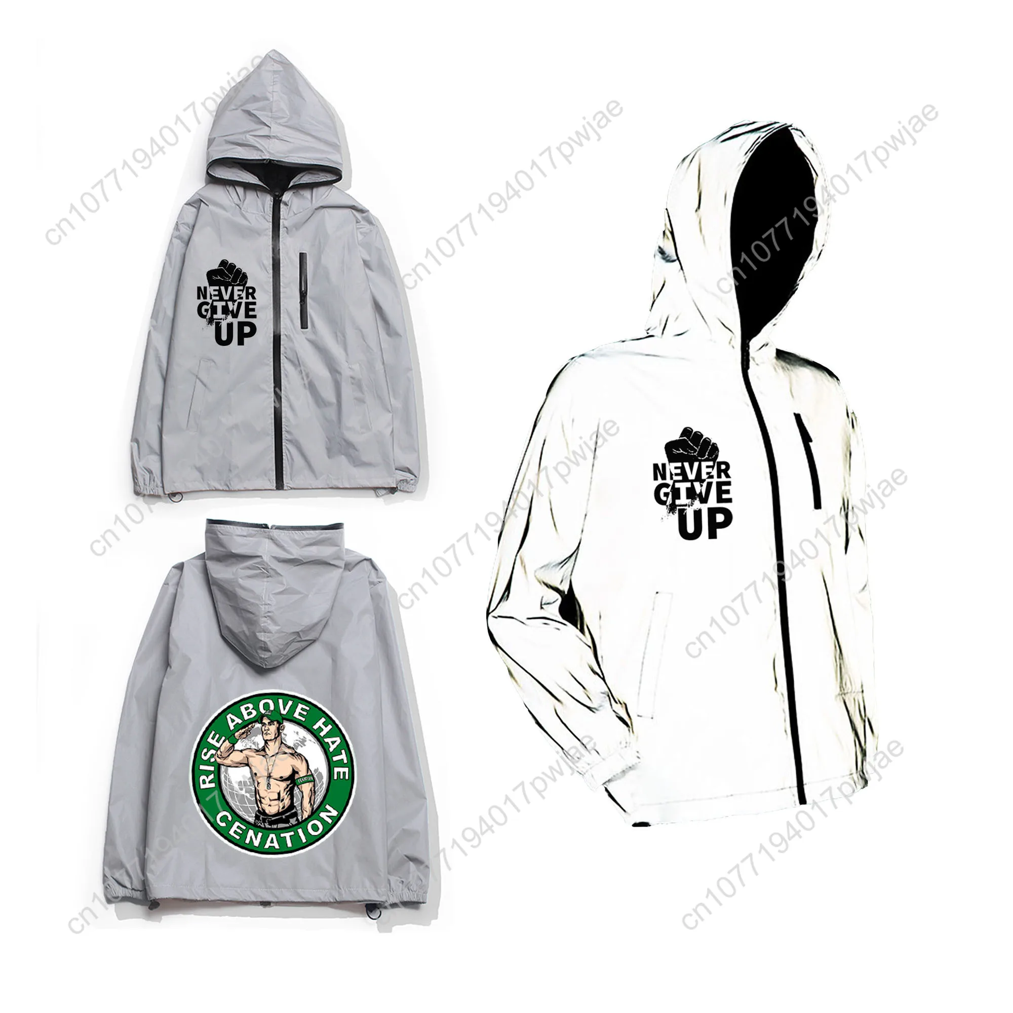 John Cena 20 Years Never Give Reflective Jacket Mens Womens Coat Hooded Windbreaker Run Pocket Jackets Zipper Customized Hoodie