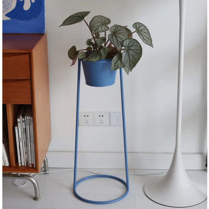 Indoor Minimalist Stand For Flowers Living Room Balcony Plant Rack Metal Blue Decorative Shelf Convenient Mobile Display Rack