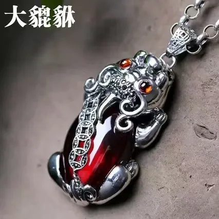 Chinese Style Lucky Wealth Attract Pixiu Pendant Necklace Vintage Blackened Garnet Inlay Copper Coin Pattern Unisex Retro Auspic