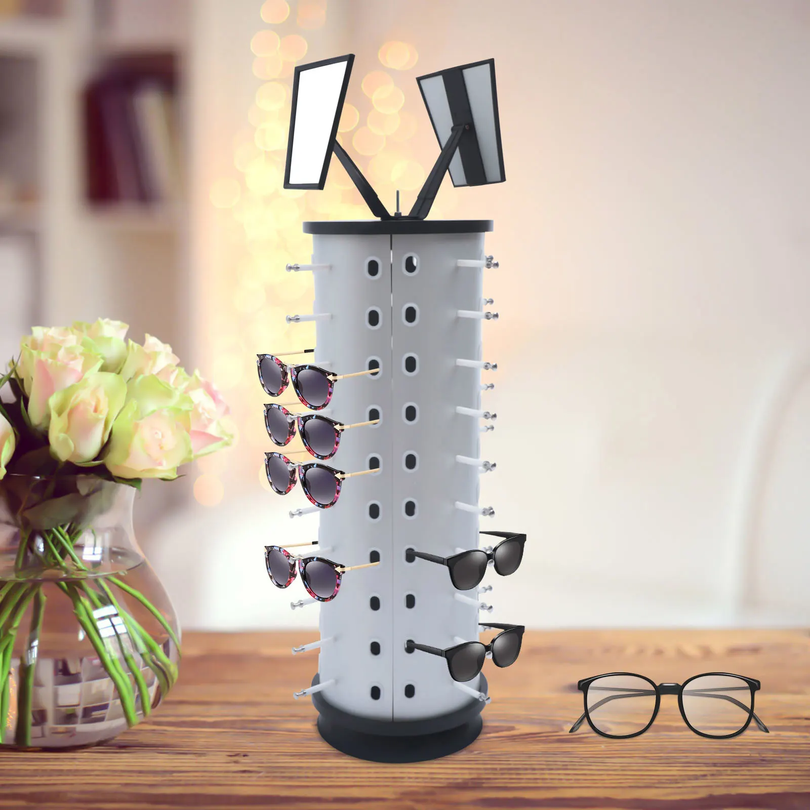 

Sunglasses Display Stand with Mirror 360° Rotating Counter Top Eyewear Display Rack Glasses Holder for Retail Round 40 Pairs