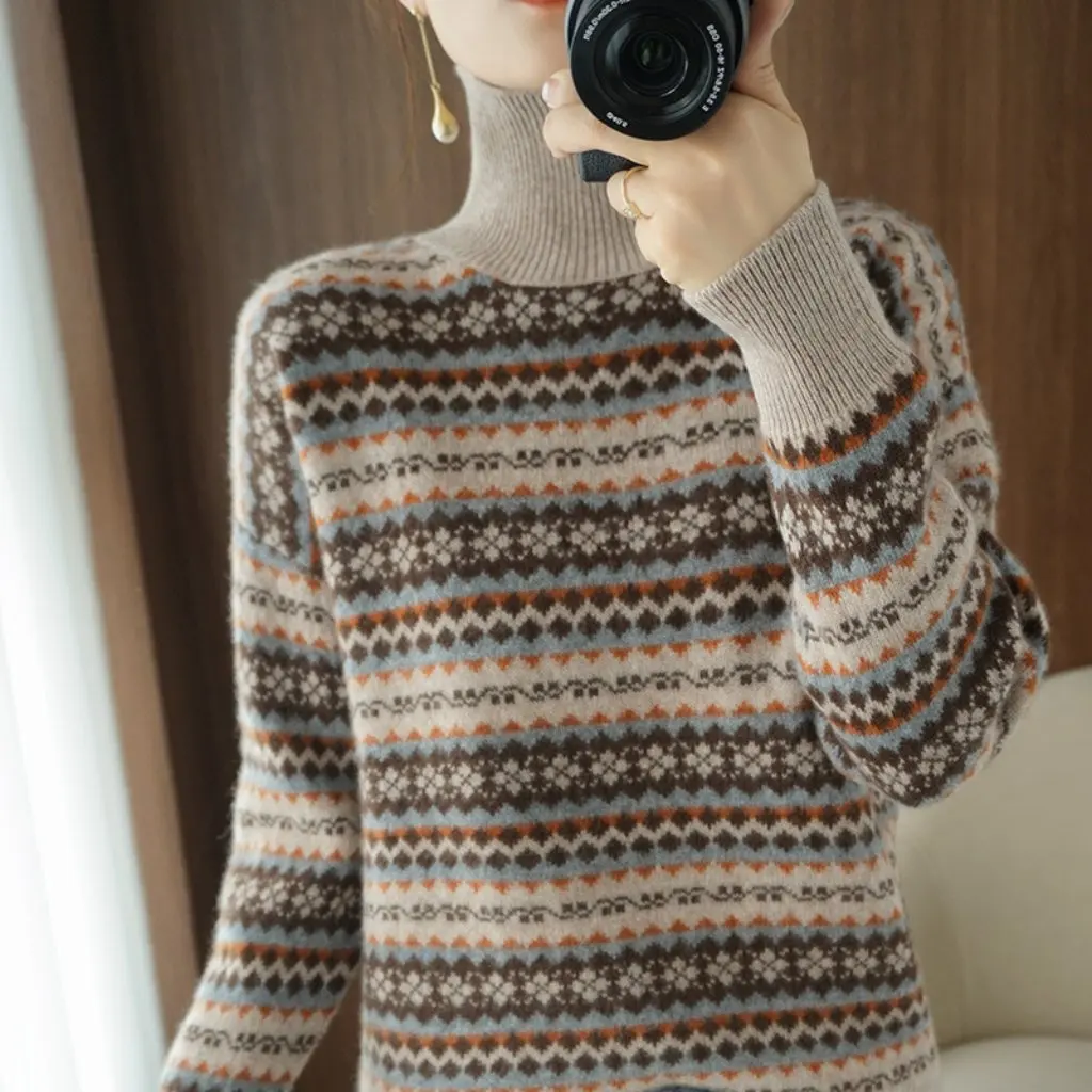 

Women's Thickened Turtleneck Pullover Sweater Autumn Winter Striped Jacquard Knitted Lazy Style plus Size Base Shirt