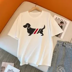 Personality Korean T Shirts Strip Puppy Cartoon Printed Dachshund t shirt Cotton Comfortable White Tees Summer Loose Oversized