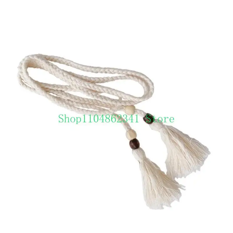 5ASD Bohemian Styles حبل الخصر للنساء حزام حبل القطن مع تفاصيل حبة خشبية للعطلة والملابس اليومية