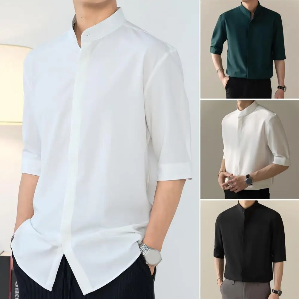 

Men Commuting Shirt Elegant Stand Collar Men's Business Shirt Slim Fit Half Sleeves Cardigan Soft Breathable Office for Commute