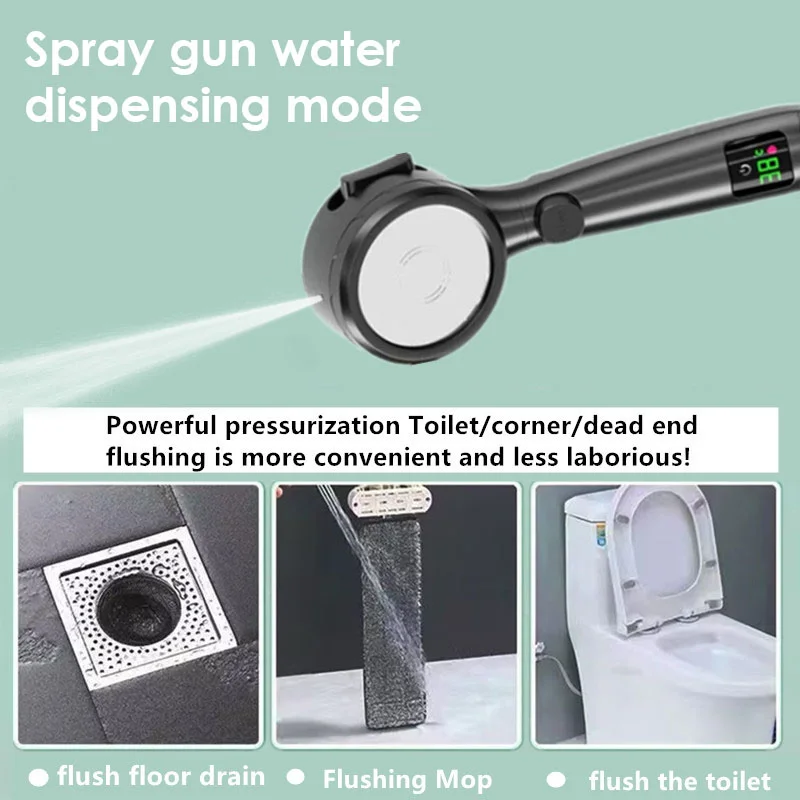 High Pressure Handheld Bathroom Shower Head Water Saving Showerhead Pressurized Adjustable Spray LED Digital Temperature Display