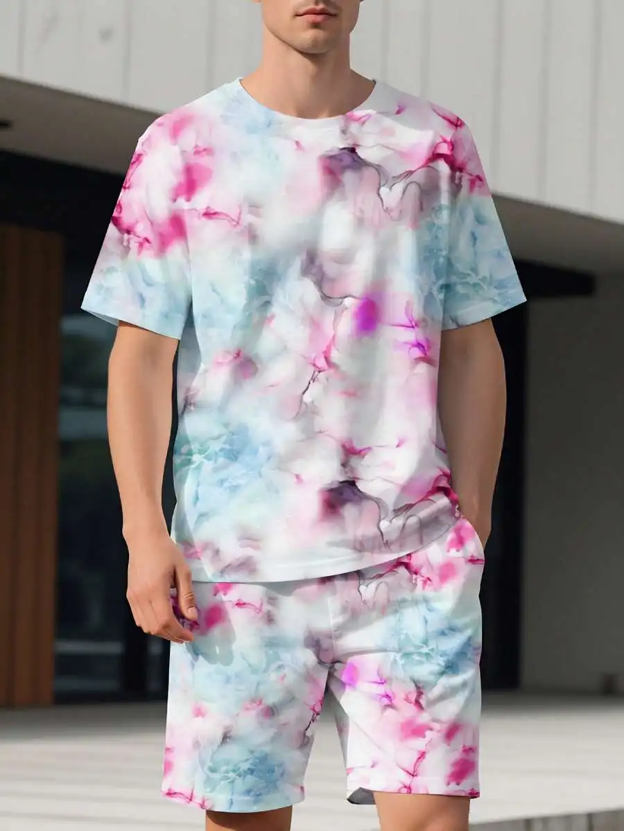 

Mens Tie Dye Short Sleeve T-Shirt And Shorts Set Summer Casual Outfit