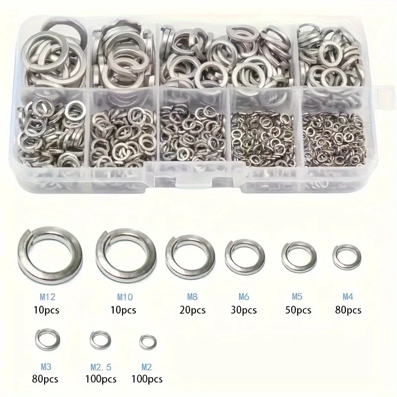 

480Pcs 10-Size 304 Stainless Steel Spring Lock Washer Set Size Included: M2 M2.5 M3 M4 M5 M6 M8 M10 M12 Spring Split Lock Washer