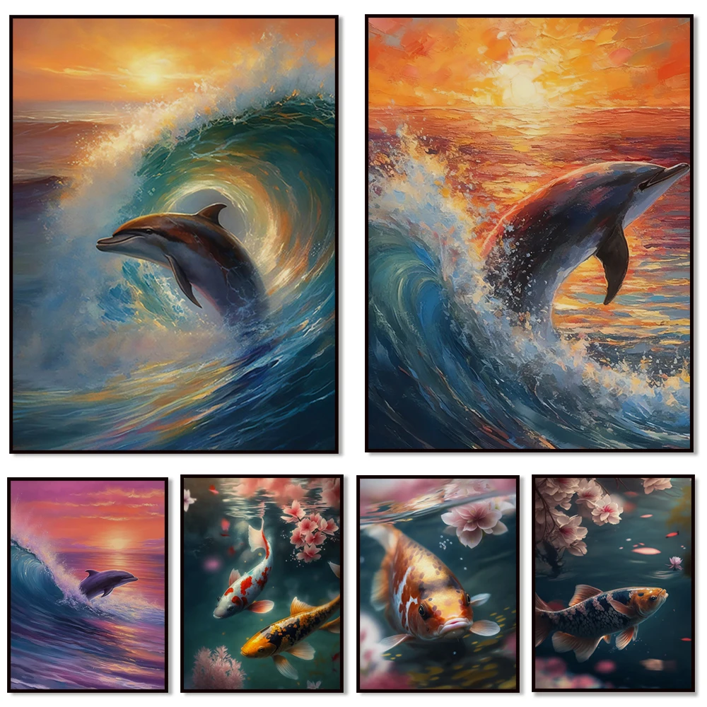 

Japanese Landscape Art, Serenity Fish Art, Oriental Painting Japanese Art, Ocean Painting Dolphin Art Sea Life Beach Wall Art