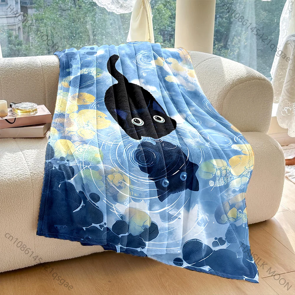 1PC Black cat reflection ripples pond Print Blanket Warm Soft Fluffy Kids and Adult Sofa Bed Throw Outdoor Travel Camping RV