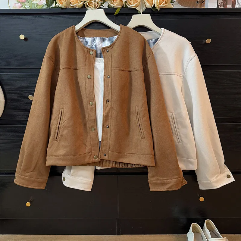 Korean style fashionable casual round neck long sleeved jacket women in spring loose and age reducing single breasted jacket