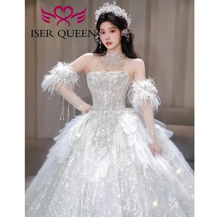 Customized Halter Feather Sleeves 2025 New Fashion Princess Wedding Dress For Ladies Shiny Fabric Luxury Bride Dresses WX0470