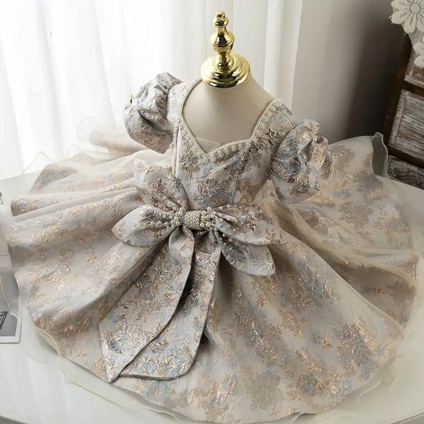 Girls Spanish Floral Pearls Ball Gown Baby Lolita Princess Dresses Infant Birthday Christening Dress Girl Boutique Clothes A1176