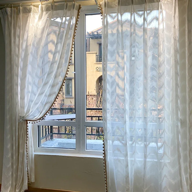 

Water Rippled White Gauze Curtain Retro Luxury Living Room Decoration Transparent Curtains High Quality Jacquard Bedroom Curtain