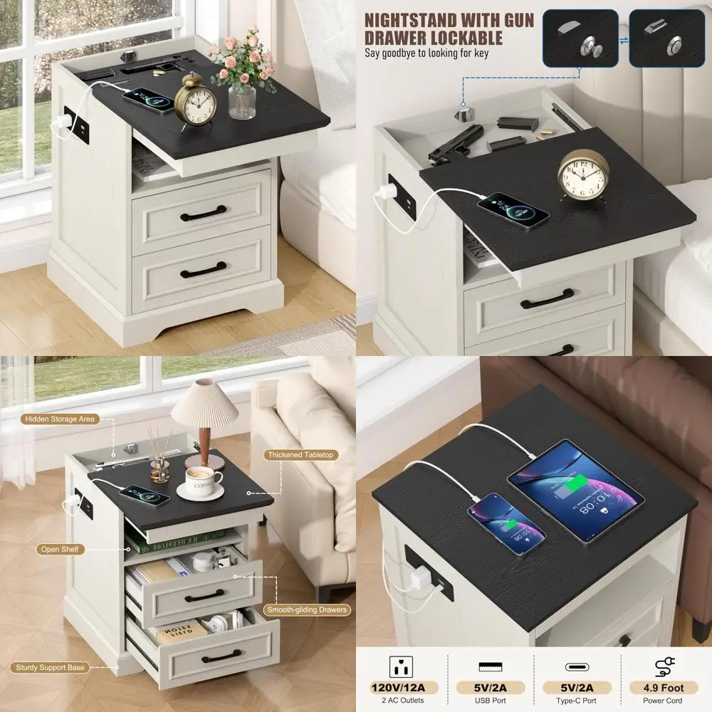 منضدة Gadroad 18 على طراز المزرعة مع درج تخزين مسدس ومنافذ شحن USB وType-C وتخزين الأدراج الثلاثية