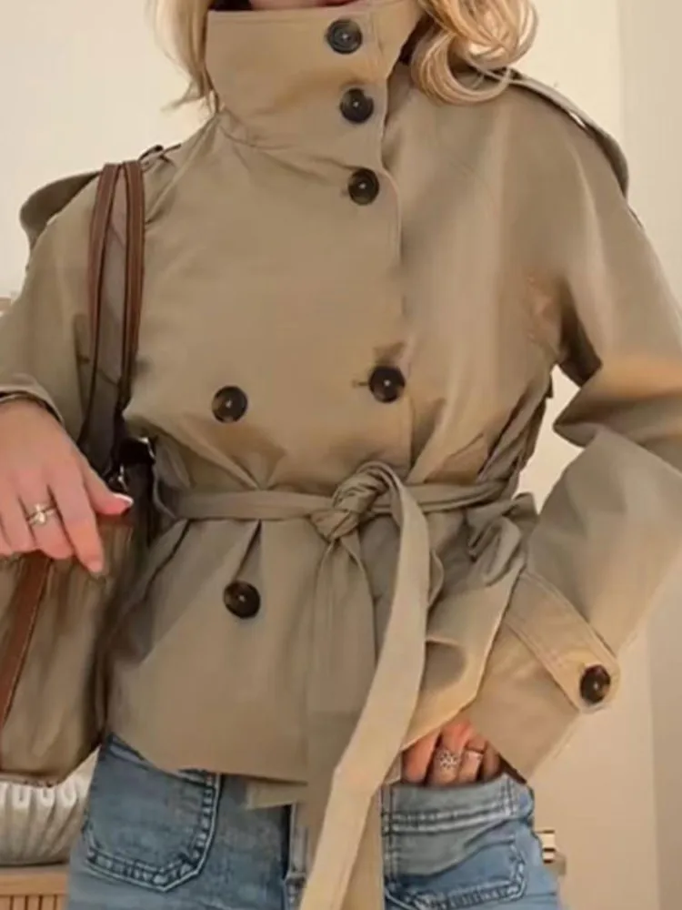 معطف قصير أنيق للنساء أنيق بأكمام طويلة وياقة مدورة وأزرار وأربطة معاطف علوية للسيدات للعطلات ملابس الشارع الشهير للمكتب جديد #2