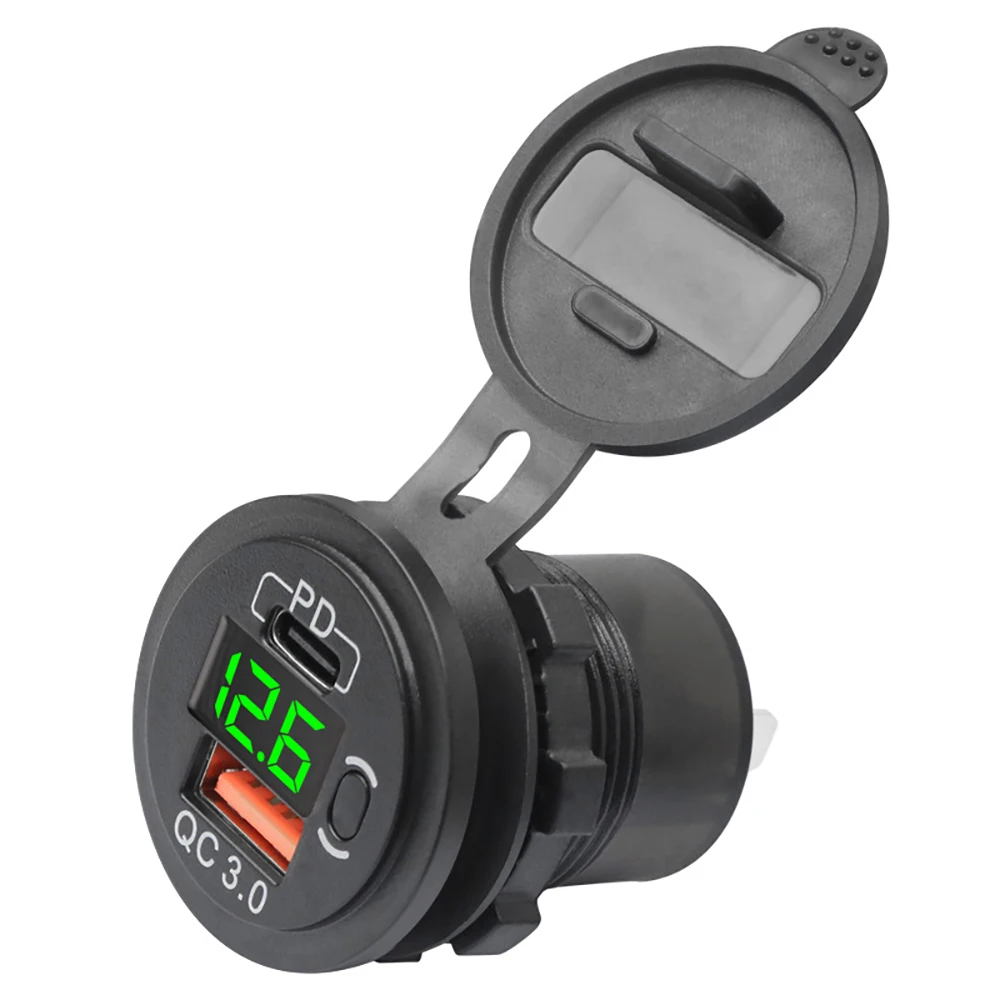 12V-24V 48W USB Outlet Waterproof Charger Socket PD and QC3.0 USB Port with LED Voltage for Car Truck Golf Cart Green