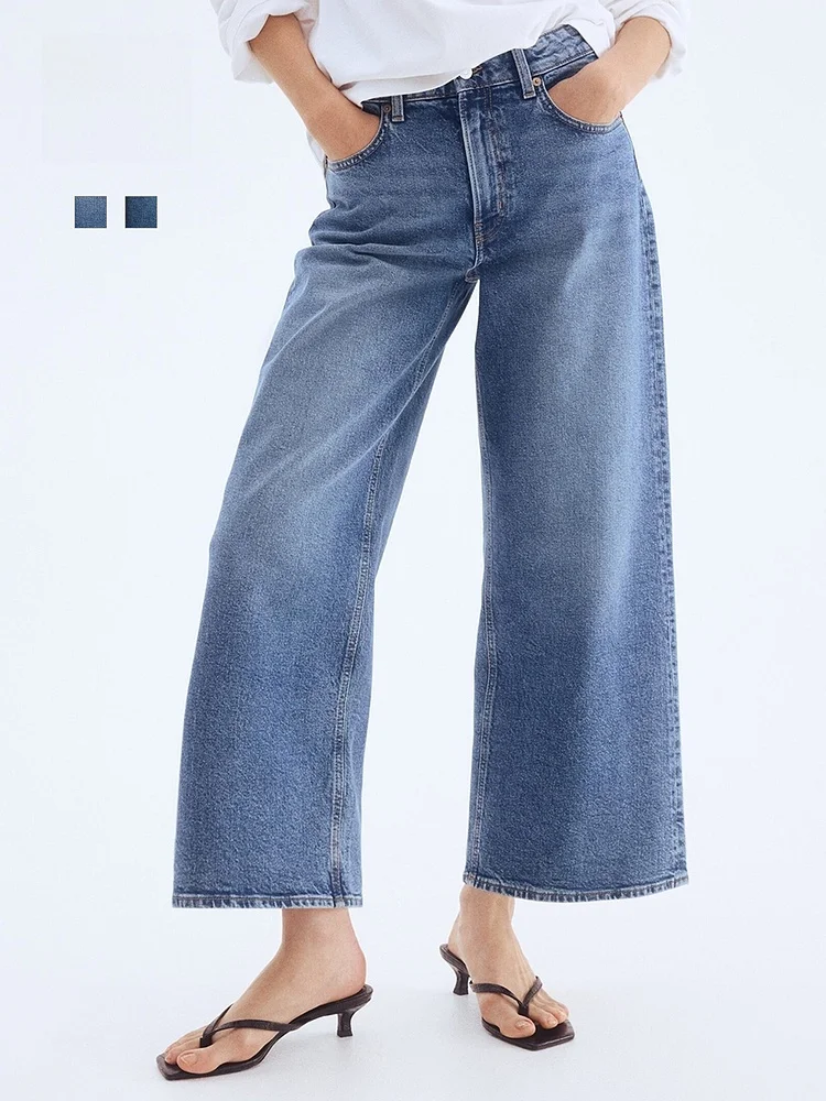 

High Waist Wide Leg Cotton Denim Jeans Fashionable Commuter Friendly Stretchy Casual Long Trousers for Women by H&M
