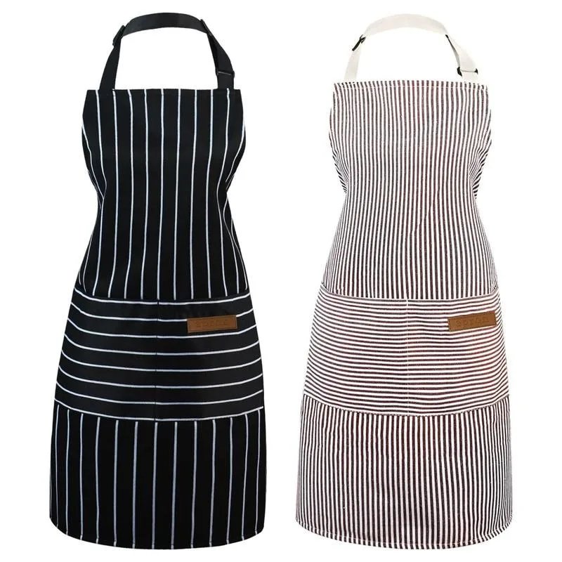 

2 Pack Cooking Aprons for Women with Pockets Adjustable Kitchen Bib Aprons for Women Men Chef, Black/White Stripe